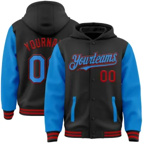 Custom Black Electric Blue-Red Bomber Full-Snap Varsity Letterman Two Tone Hoodie Jacket