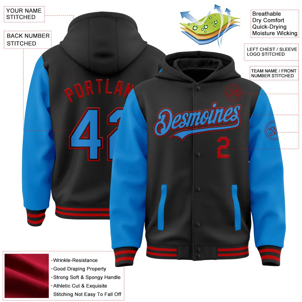 Custom Black Electric Blue-Red Bomber Full-Snap Varsity Letterman Two Tone Hoodie Jacket