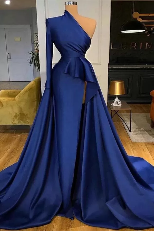 Dark Blue Long Sleeves Mermaid Prom Dress Split