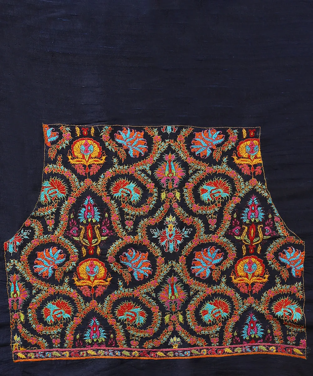 Dark Blue Raw Silk Blouse Fabric With Kalamkari And Sozni Kari