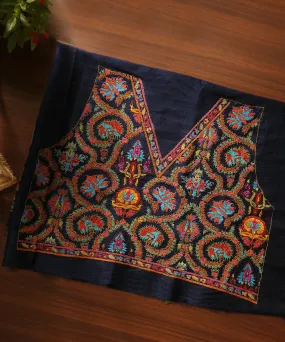 Dark Blue Raw Silk Blouse Fabric With Kalamkari And Sozni Kari