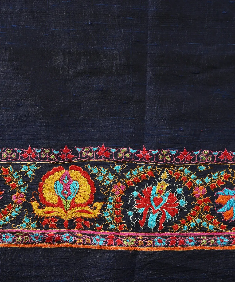 Dark Blue Raw Silk Blouse Fabric With Kalamkari And Sozni Kari