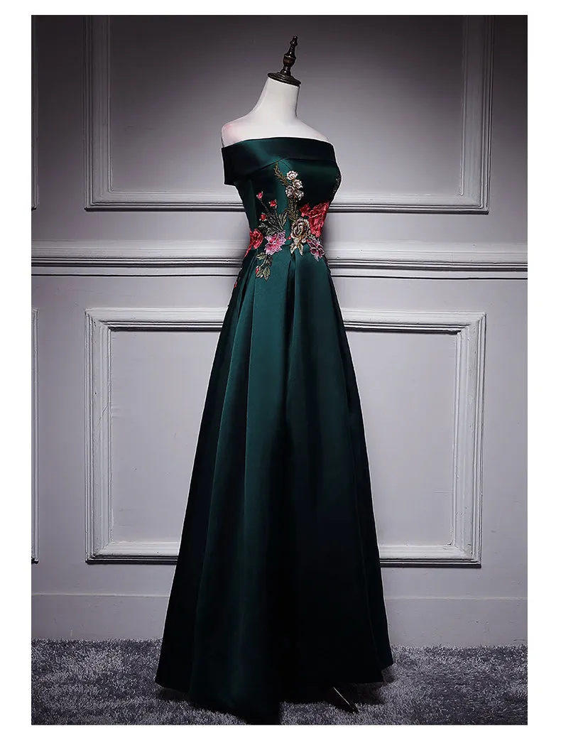 Dark Green Satin Long Party Dress with Embroidery, Green Prom Dress