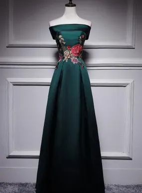 Dark Green Satin Long Party Dress with Embroidery, Green Prom Dress