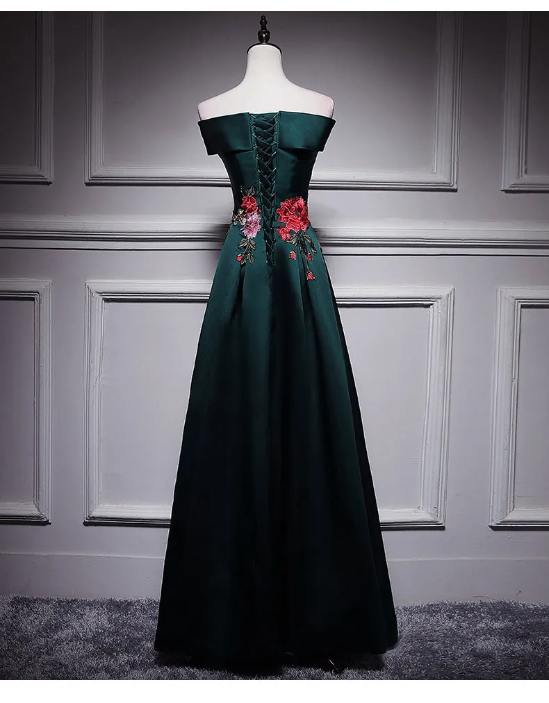 Dark Green Satin Long Party Dress with Embroidery, Green Prom Dress