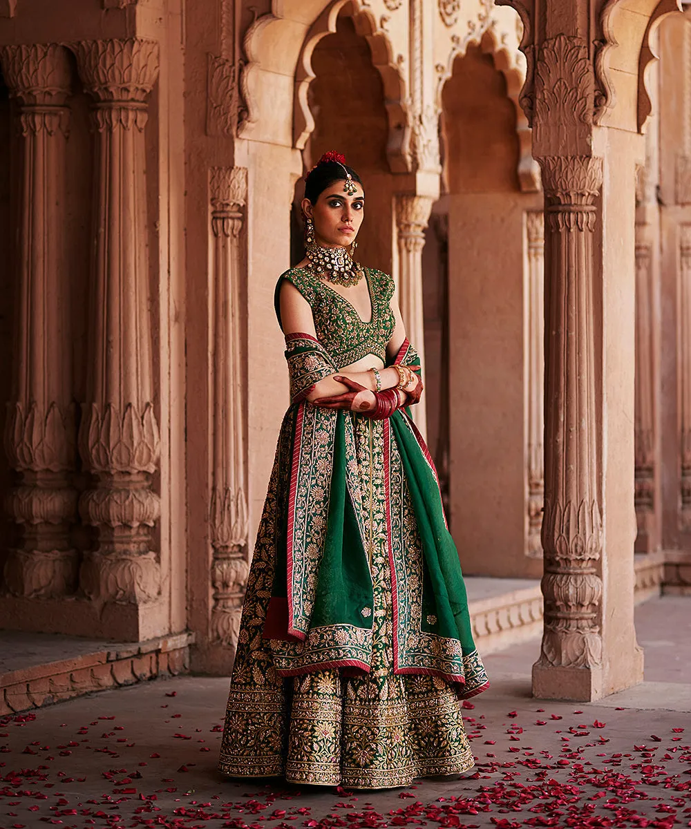 Deep Green Hand Embroidered Zardozi Banarasi Lehenga With Blouse And Dupatta