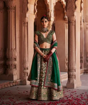 Deep Green Hand Embroidered Zardozi Banarasi Lehenga With Blouse And Dupatta