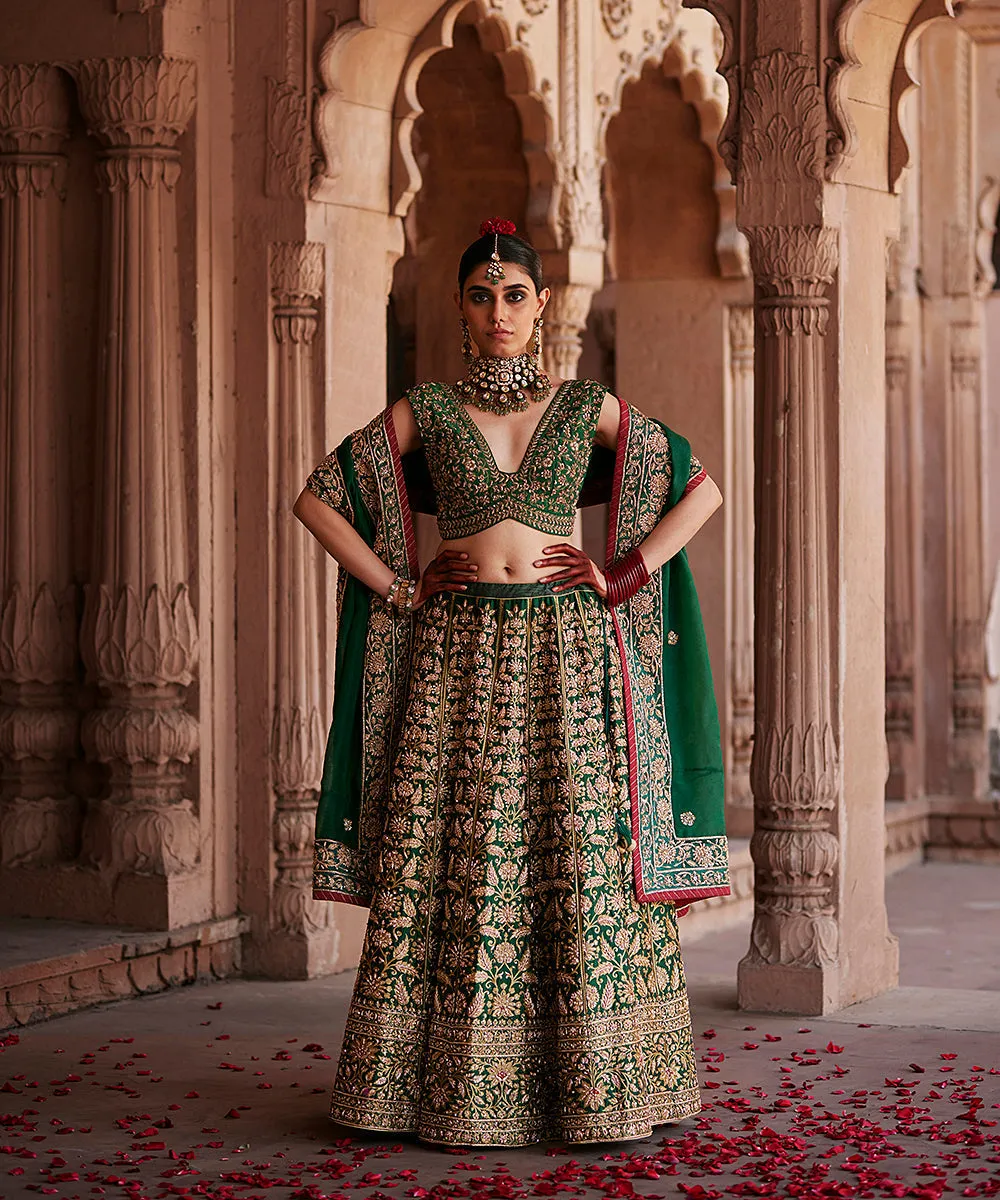 Deep Green Hand Embroidered Zardozi Banarasi Lehenga With Blouse And Dupatta