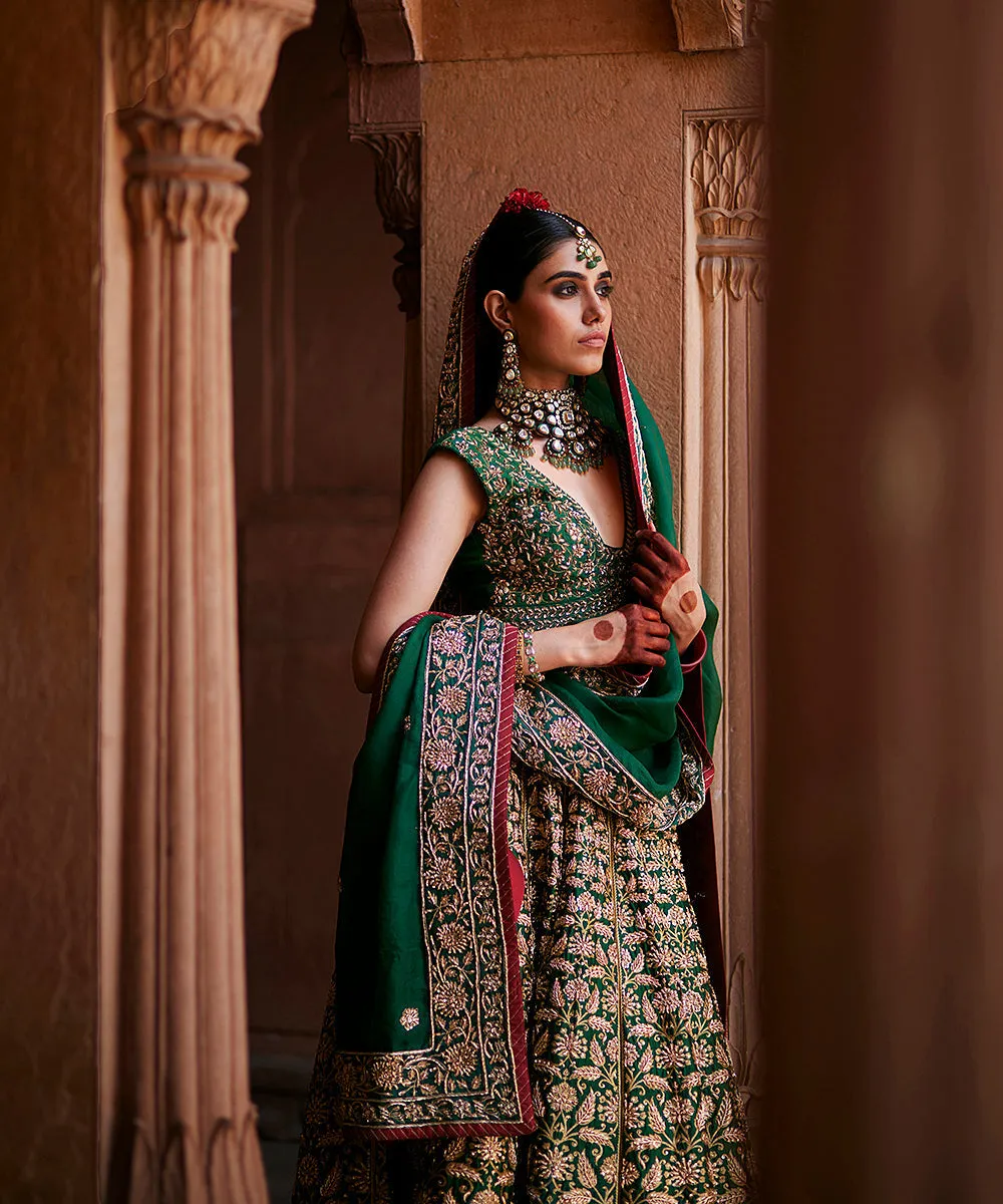 Deep Green Hand Embroidered Zardozi Banarasi Lehenga With Blouse And Dupatta