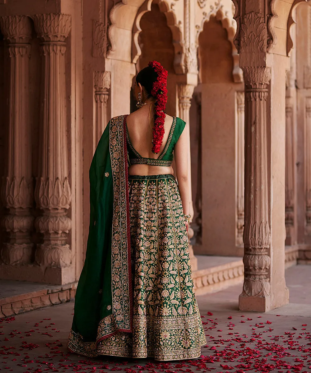 Deep Green Hand Embroidered Zardozi Banarasi Lehenga With Blouse And Dupatta