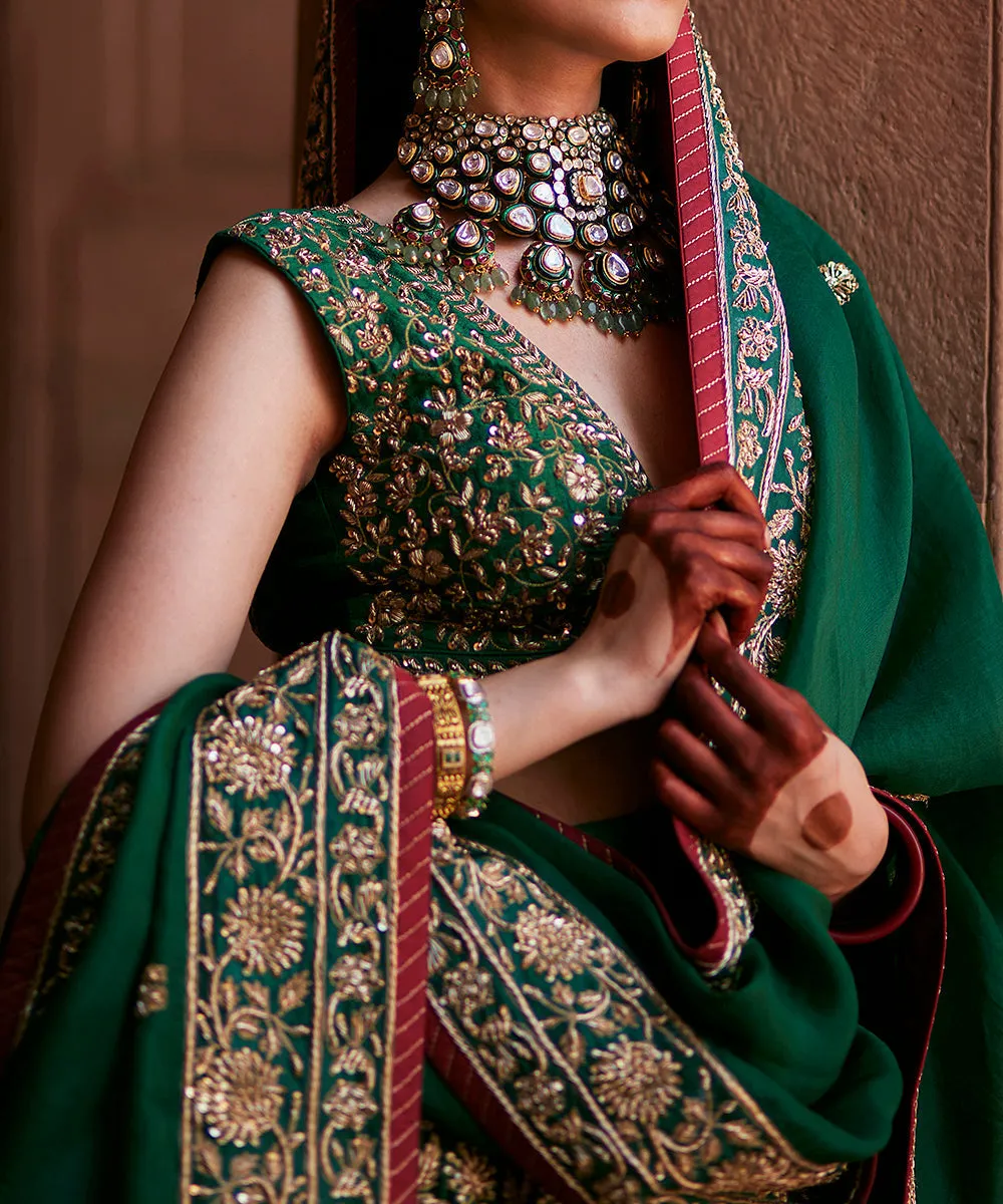 Deep Green Hand Embroidered Zardozi Banarasi Lehenga With Blouse And Dupatta