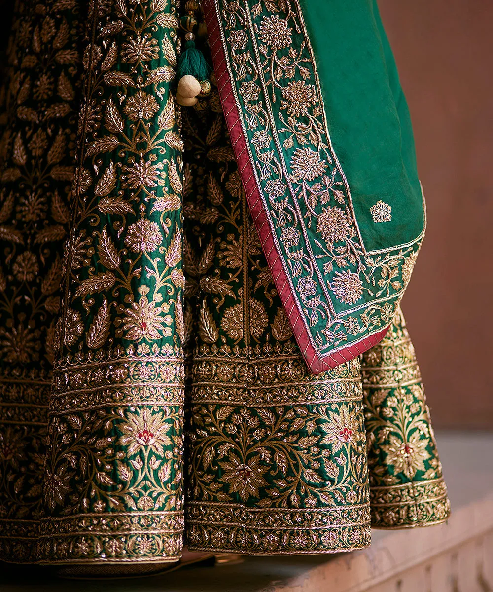 Deep Green Hand Embroidered Zardozi Banarasi Lehenga With Blouse And Dupatta