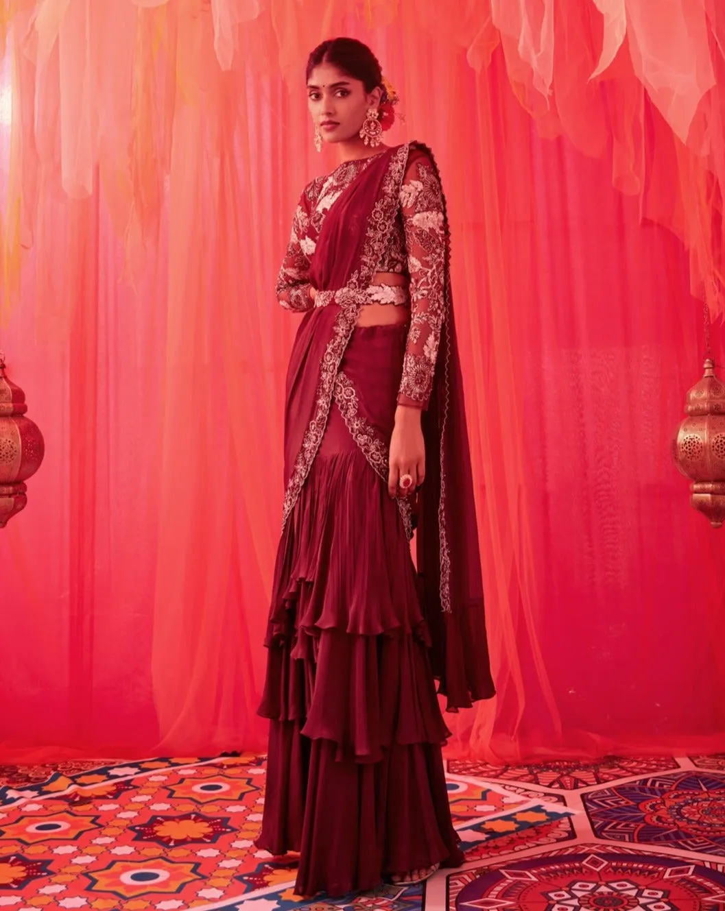 DS - Wine pre draped saree with netted embroidered blouse