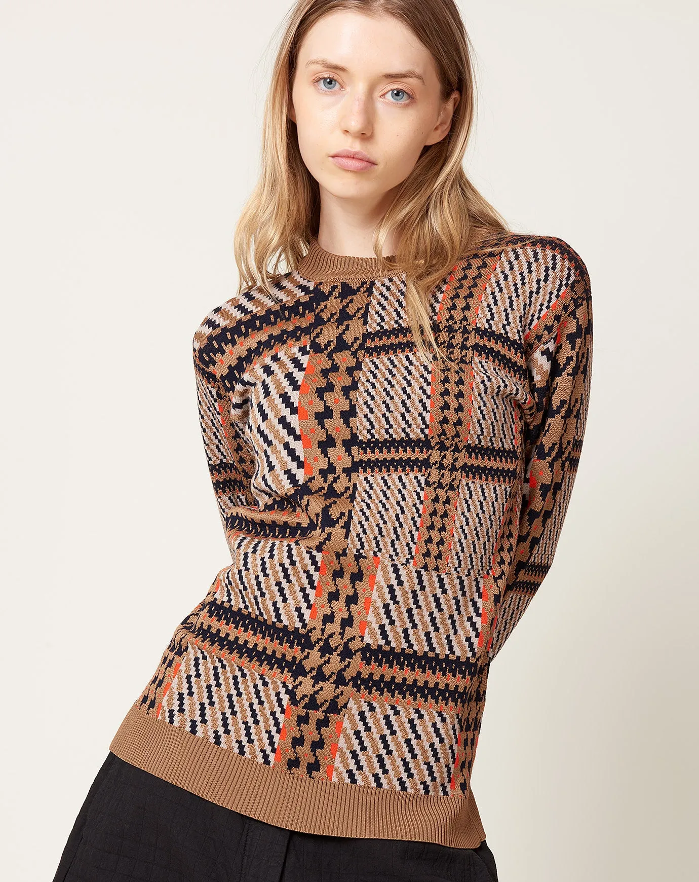 Dusk Knitted Blouse in Orange Mixed Checks