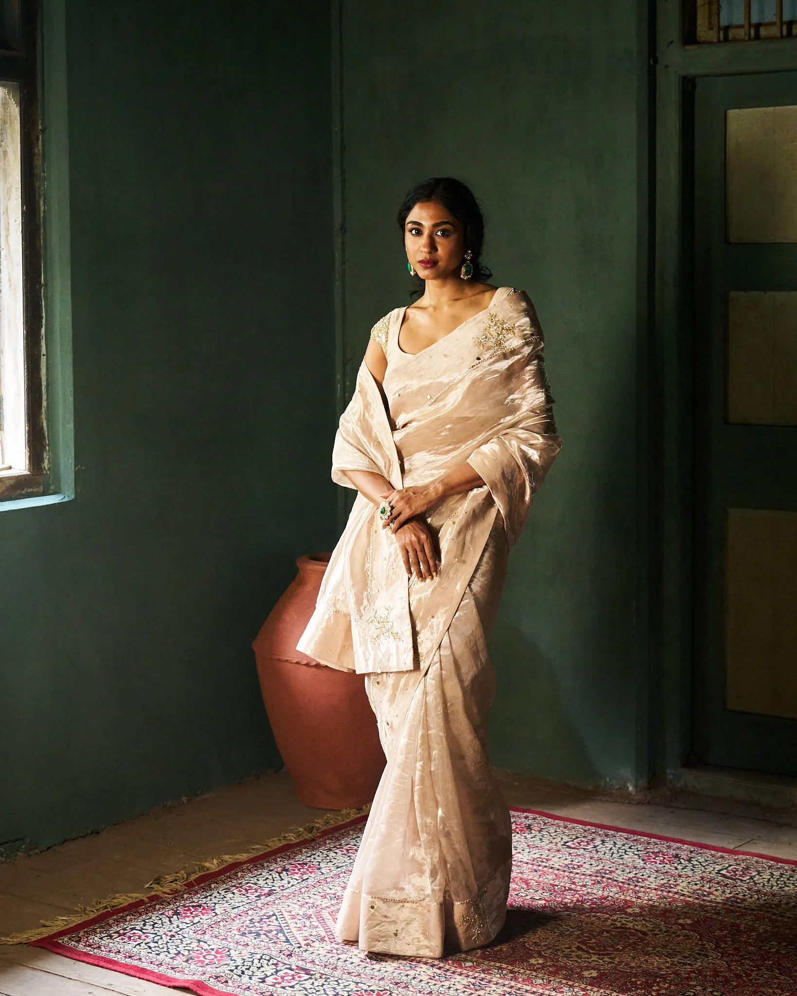 Elara tissue saree with blouse - oyster beige