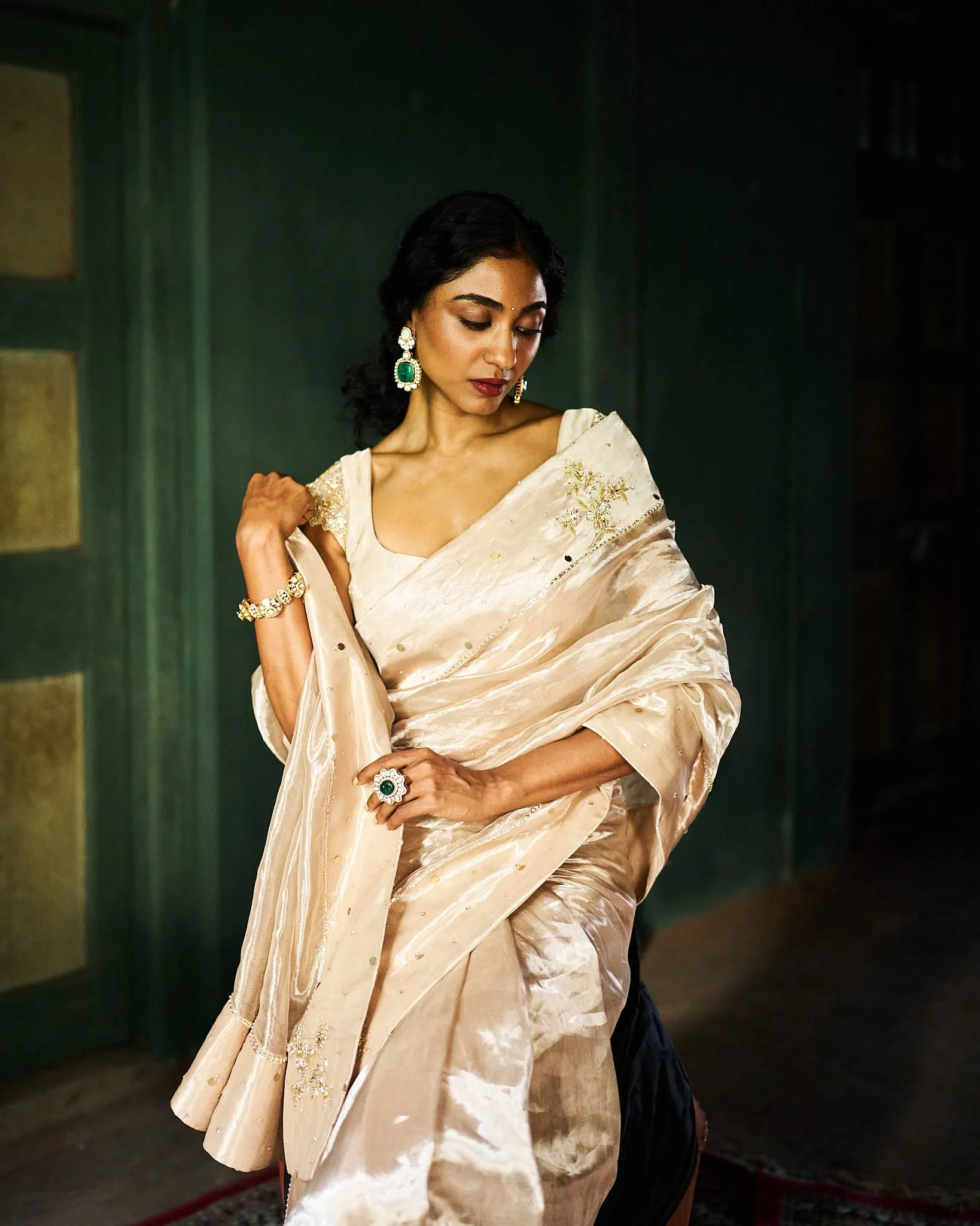 Elara tissue saree with blouse - oyster beige