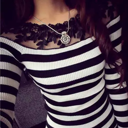 Elegant Black and White Knitted Lace Striped Blouse Shirts for Women