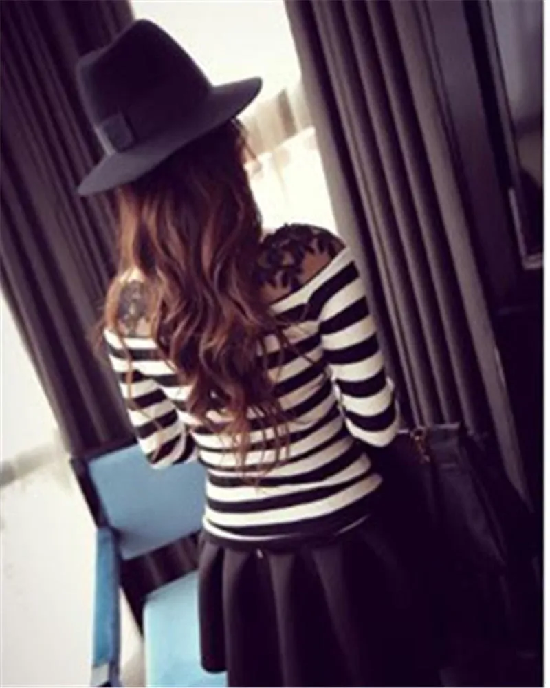 Elegant Black and White Knitted Lace Striped Blouse Shirts for Women