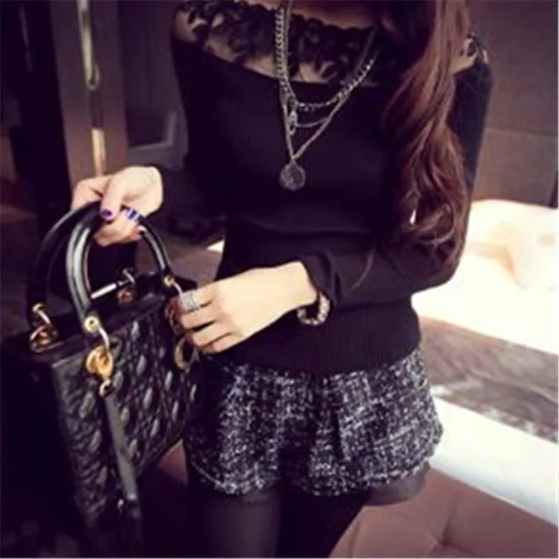 Elegant Black and White Knitted Lace Striped Blouse Shirts for Women