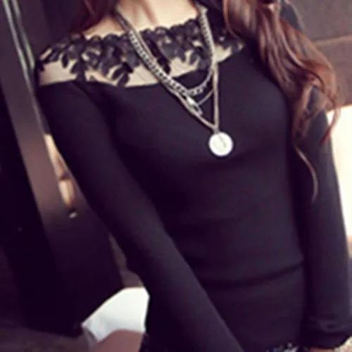 Elegant Black and White Knitted Lace Striped Blouse Shirts for Women