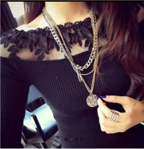 Elegant Black and White Knitted Lace Striped Blouse Shirts for Women