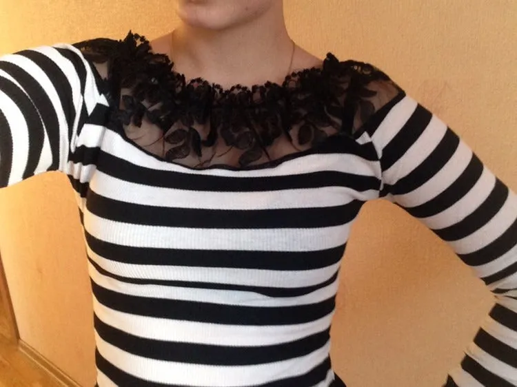 Elegant Black and White Knitted Lace Striped Blouse Shirts for Women