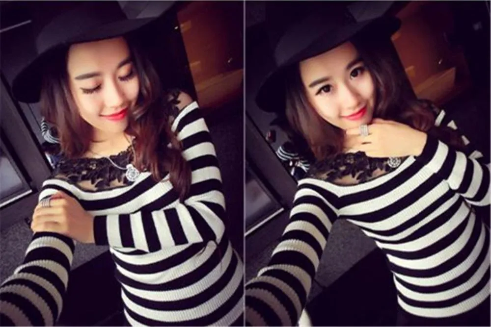 Elegant Black and White Knitted Lace Striped Blouse Shirts for Women