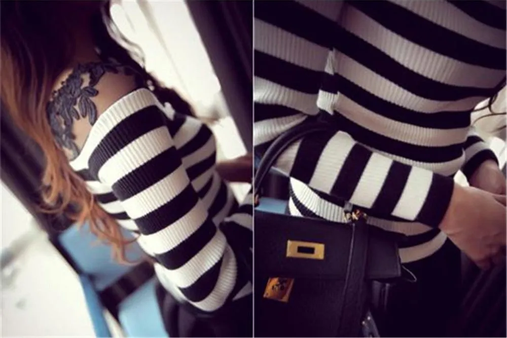 Elegant Black and White Knitted Lace Striped Blouse Shirts for Women