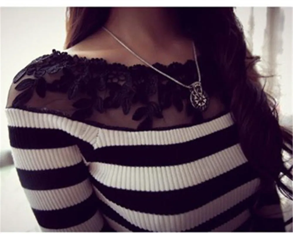 Elegant Black and White Knitted Lace Striped Blouse Shirts for Women