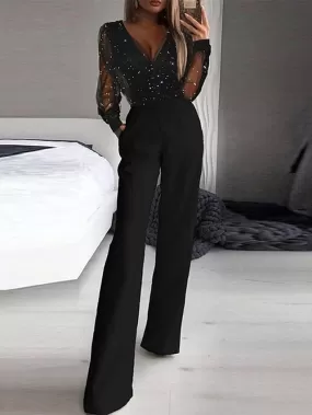 Elegant Black Sequin Mesh Jumpsuit for Women - V-Neck Long Sleeve Party Prom Wear