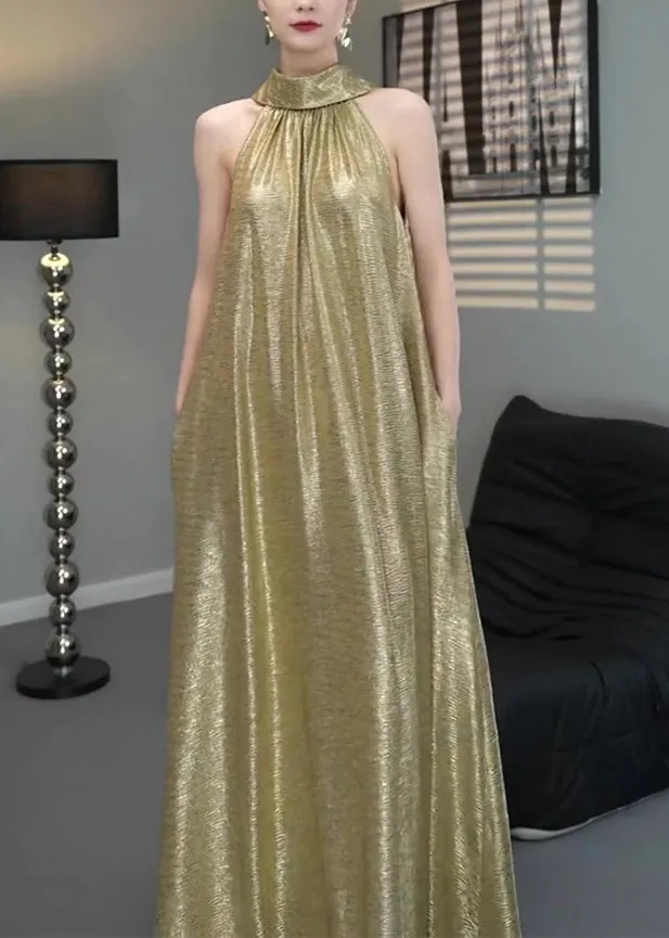 Elegant Gold Halter Wrinkled Long Dress Sleeveless