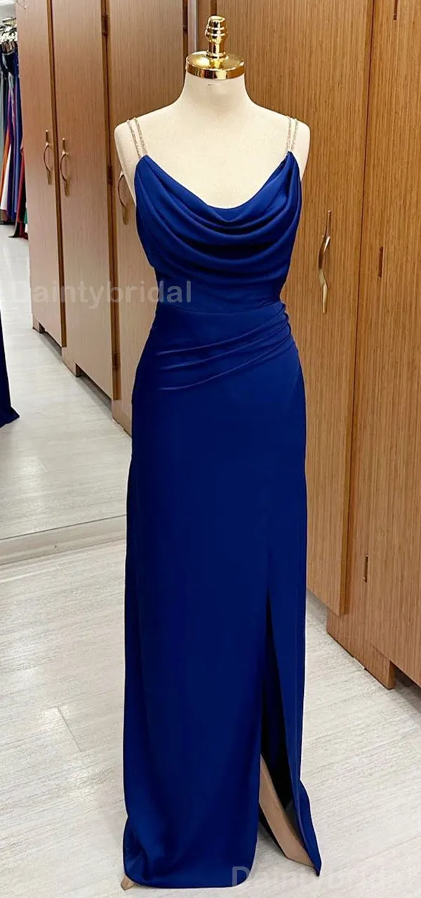 Elegant Side Slit Mermaid Spaghetti Straps Satin Royal Blue Long Evening Prom Dress Online, OL089