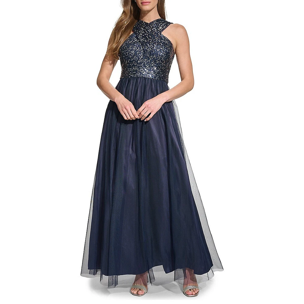 Eliza J Halter Wrap Sleeveless Sequin & Tulle Gown