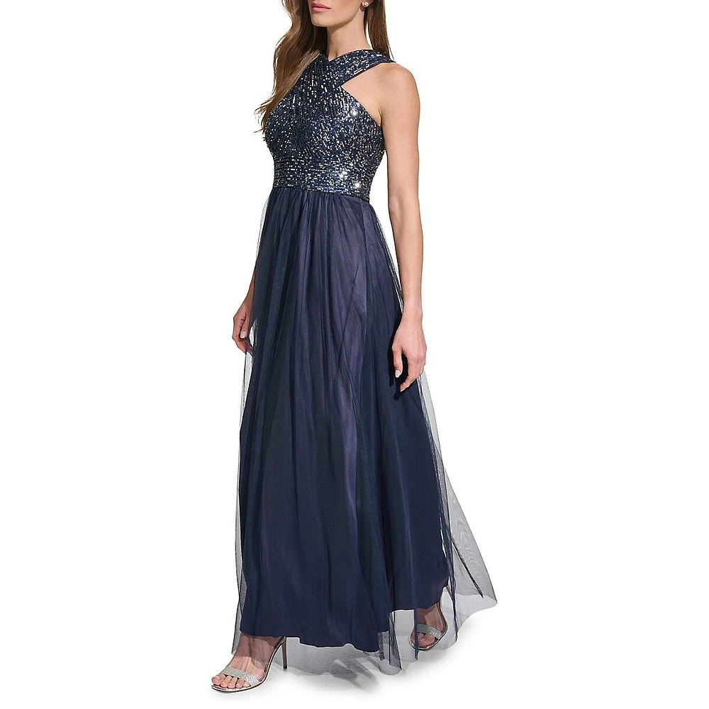 Eliza J Halter Wrap Sleeveless Sequin & Tulle Gown