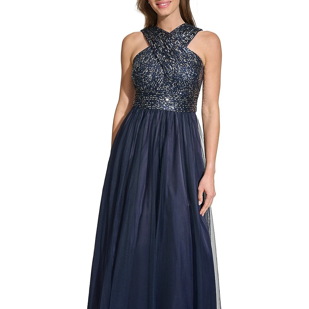 Eliza J Halter Wrap Sleeveless Sequin & Tulle Gown