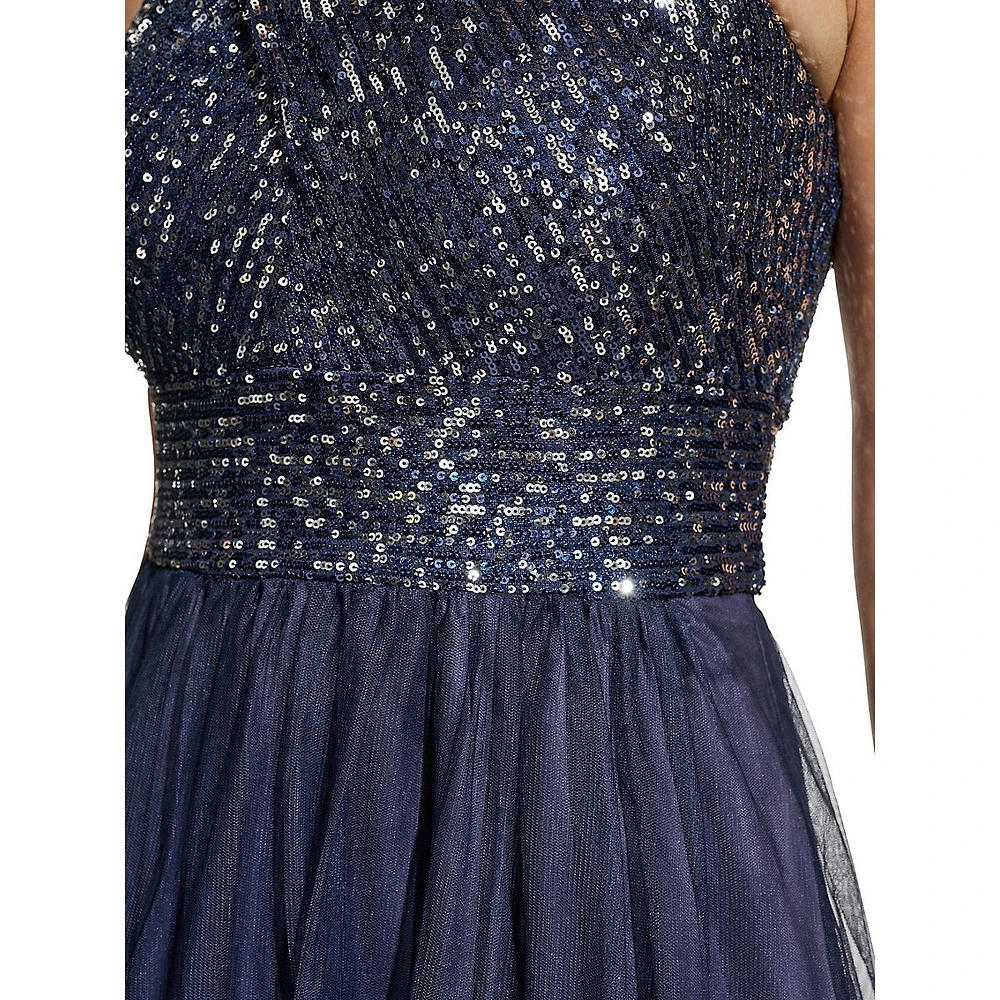 Eliza J Halter Wrap Sleeveless Sequin & Tulle Gown