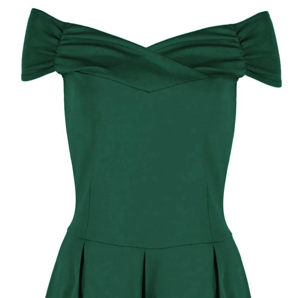 Emerald Green Cap Sleeve Crossover Bardot Neckline 50s Swing Dress