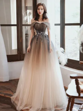 Evening Dress A-Line Bateau Neck Tulle Floor-Length Beaded Formal Dinner Dresses