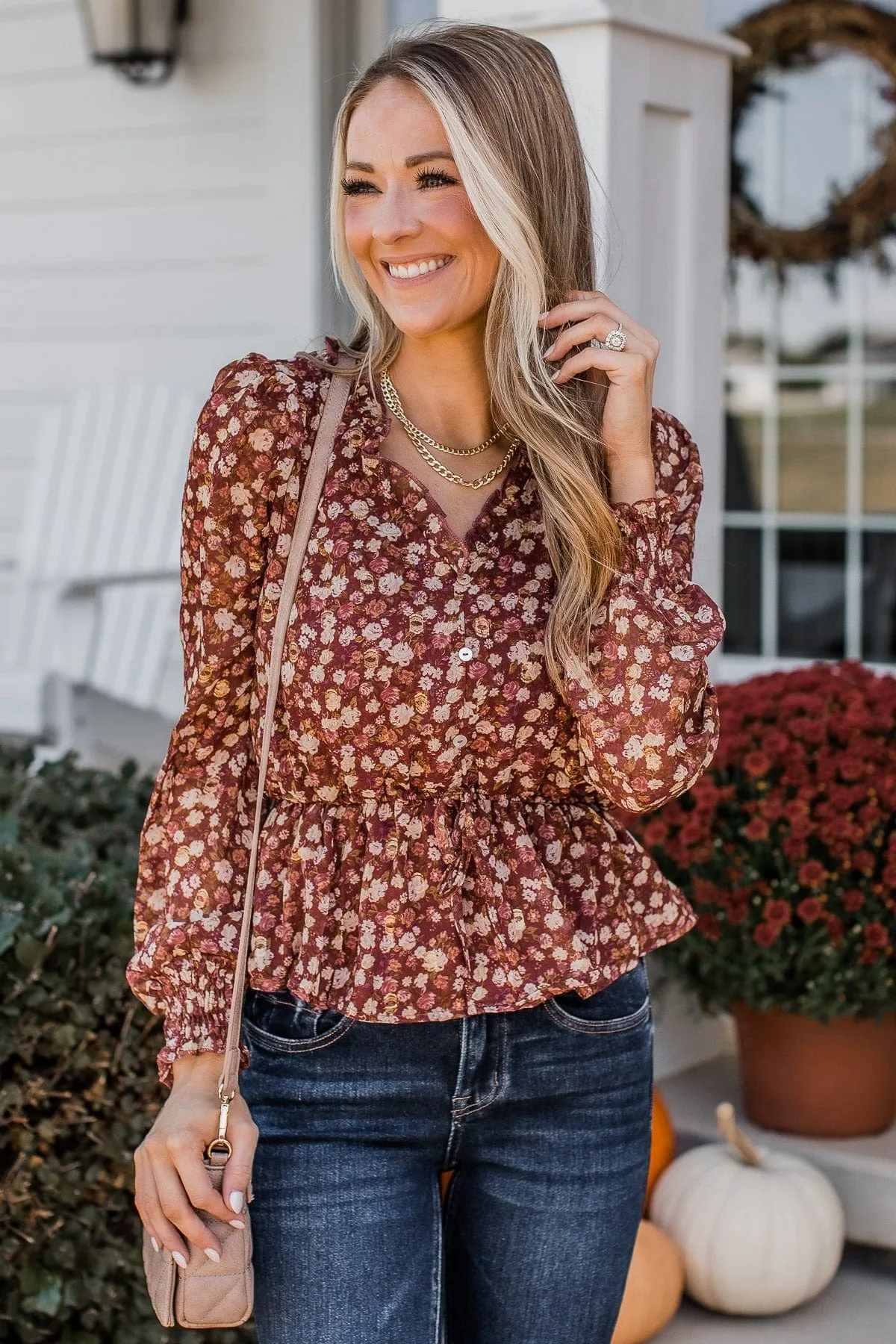 Flirting With Floral Babydoll Blouse- Burgundy