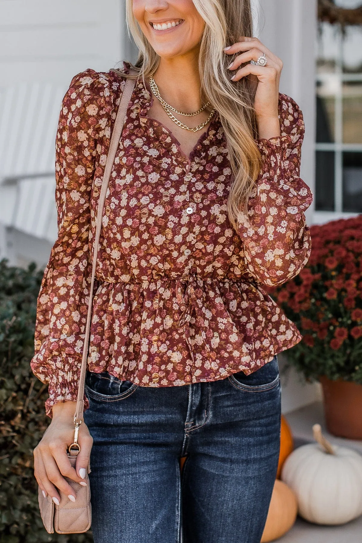 Flirting With Floral Babydoll Blouse- Burgundy