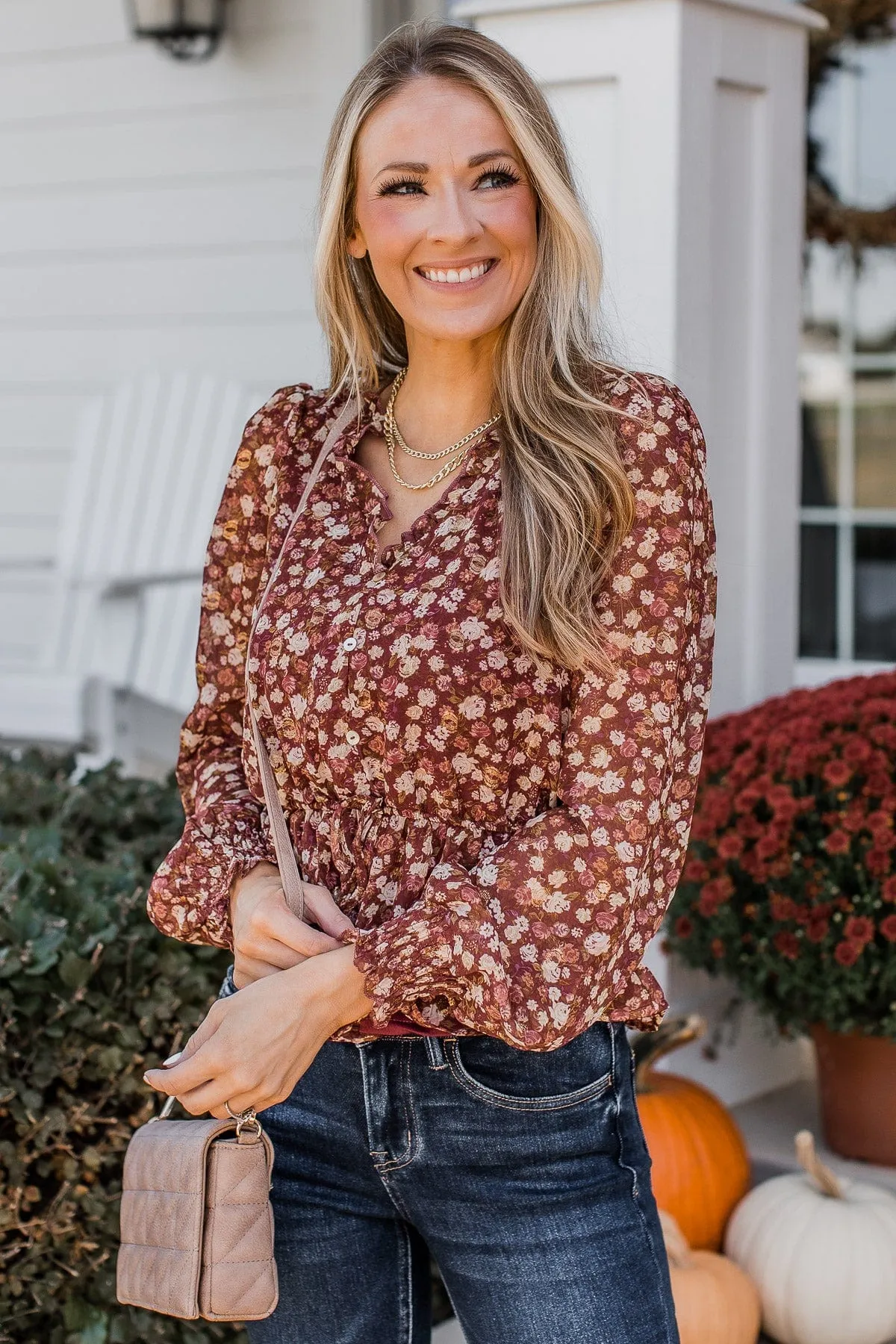 Flirting With Floral Babydoll Blouse- Burgundy