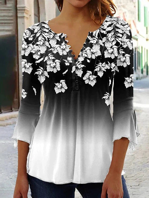 Floral Color Gradient Women's Blouse with Button Detail and 3/4 Length Sleeves