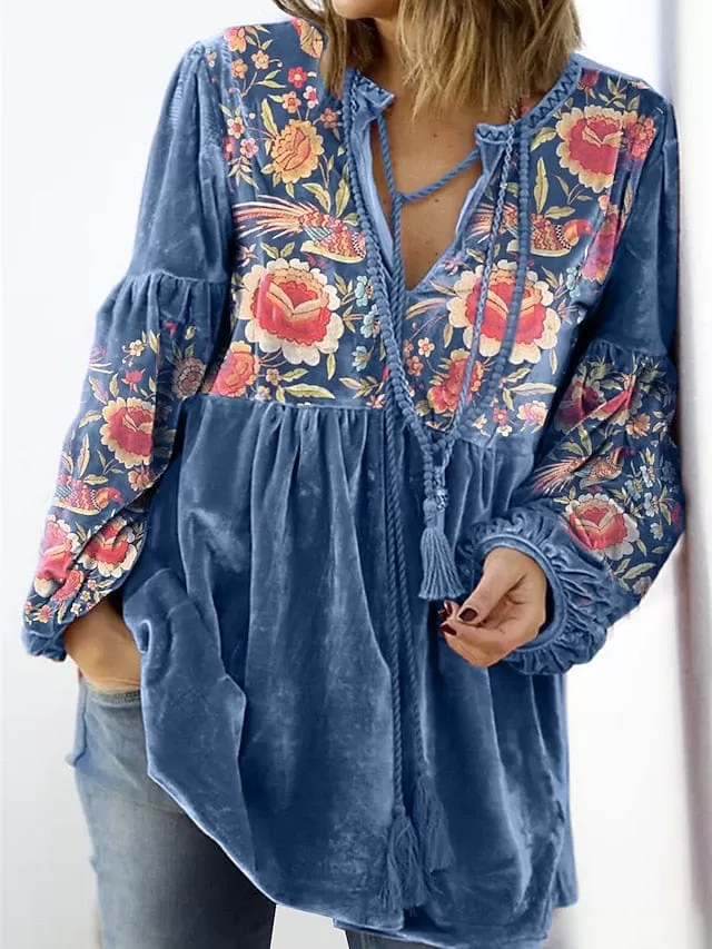 Floral Print Peplum Sleeve Blouse with Long Sleeves