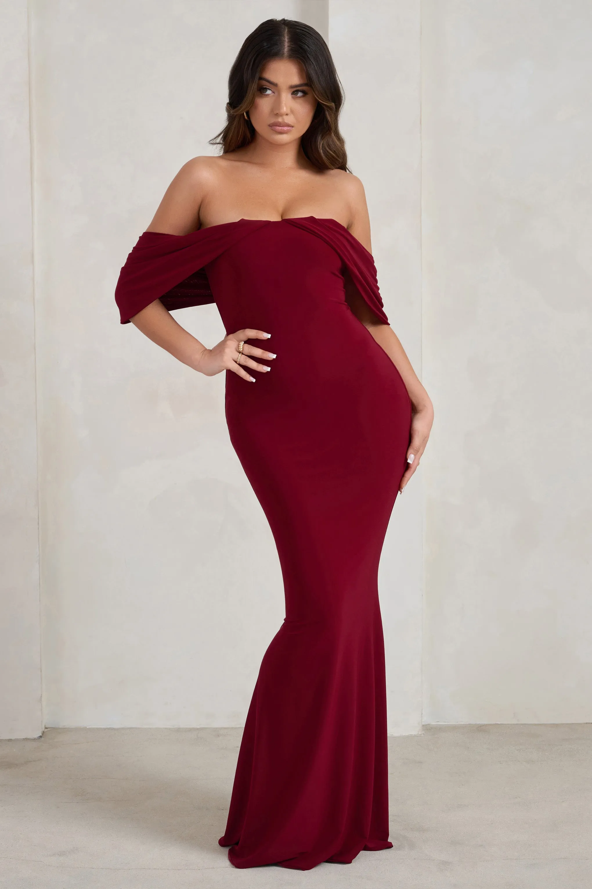 Gabrielle | Berry Red Bardot Neckline With Drape Sleeves Maxi Dress