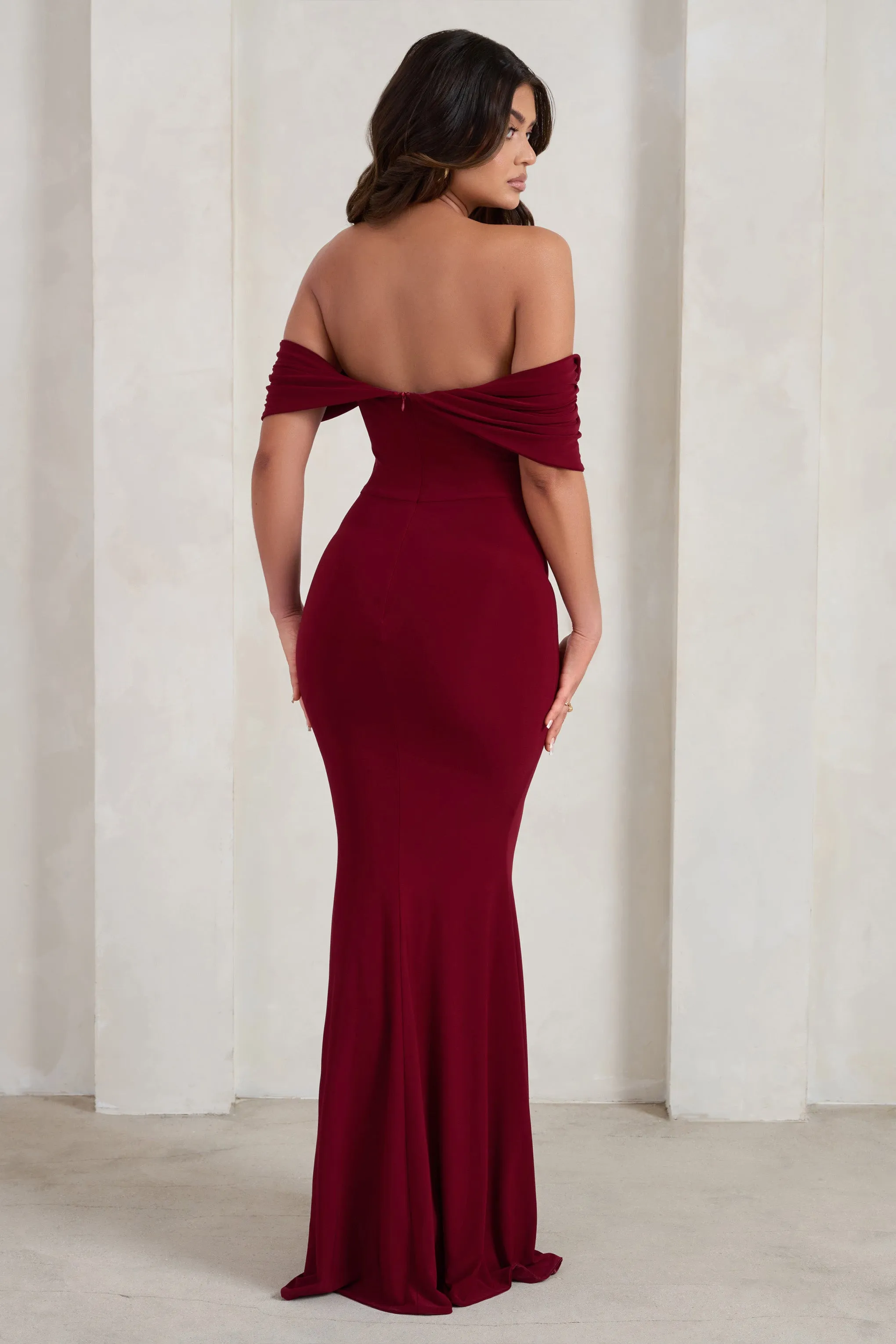 Gabrielle | Berry Red Bardot Neckline With Drape Sleeves Maxi Dress