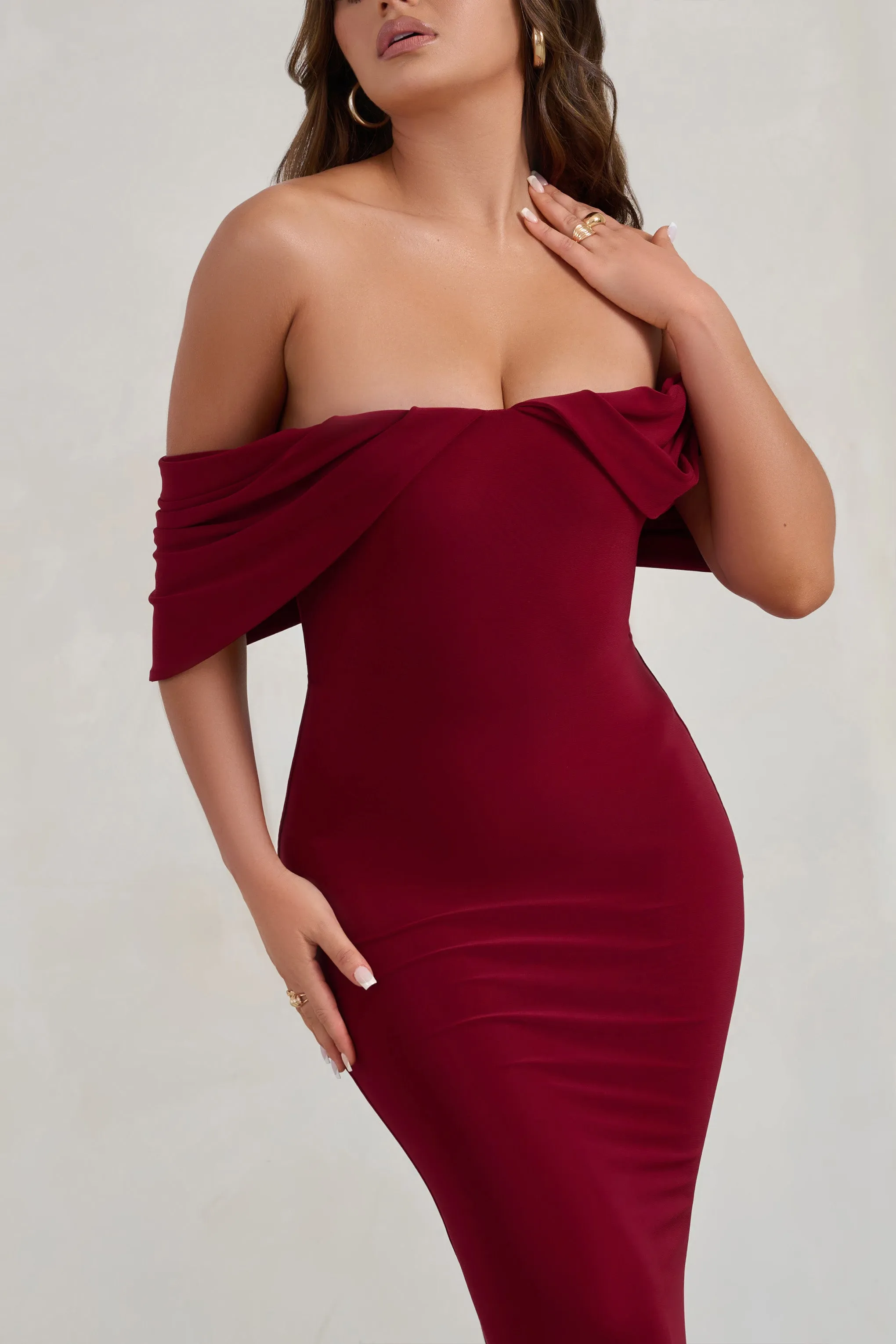 Gabrielle | Berry Red Bardot Neckline With Drape Sleeves Maxi Dress