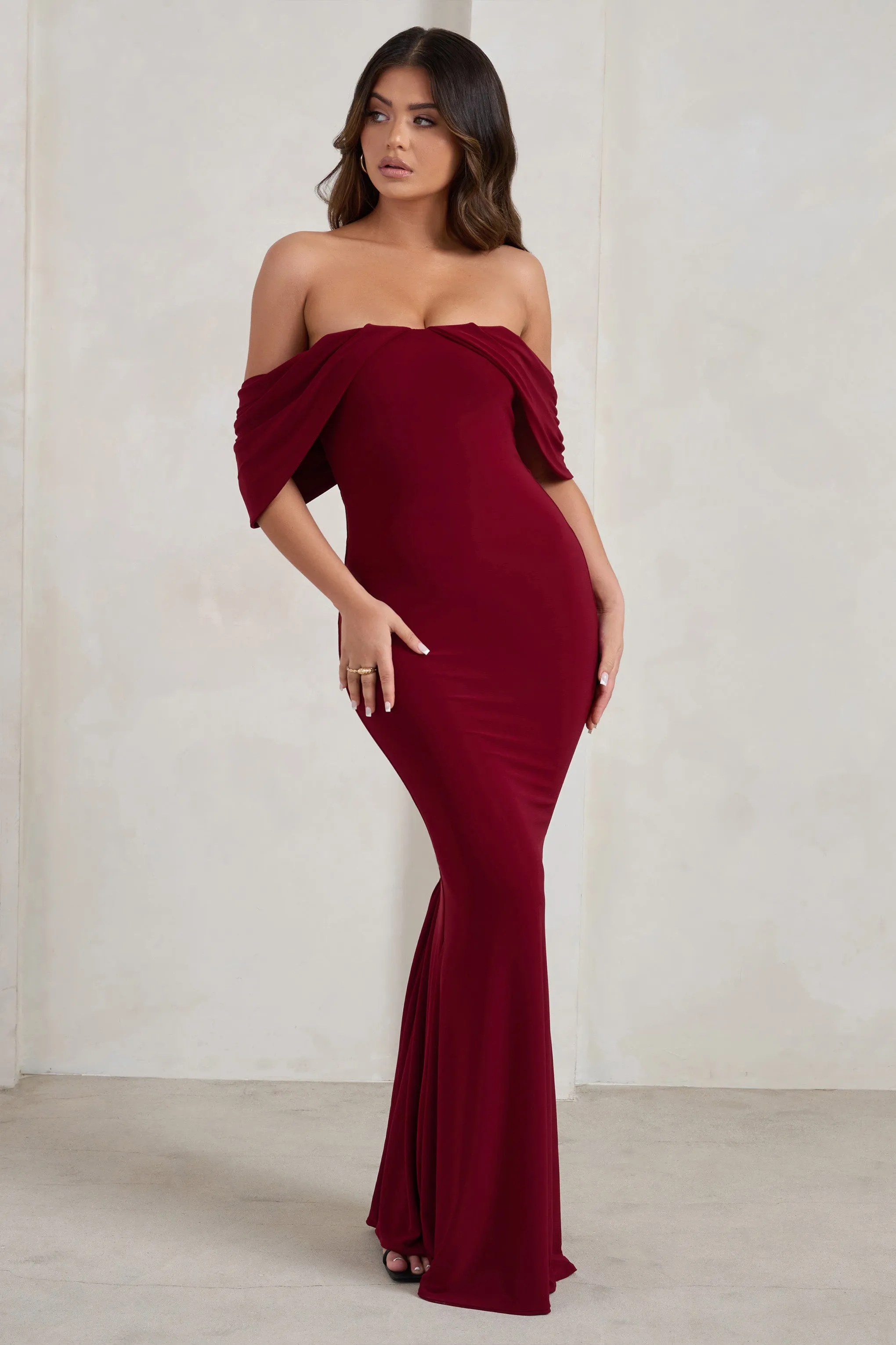 Gabrielle | Berry Red Bardot Neckline With Drape Sleeves Maxi Dress