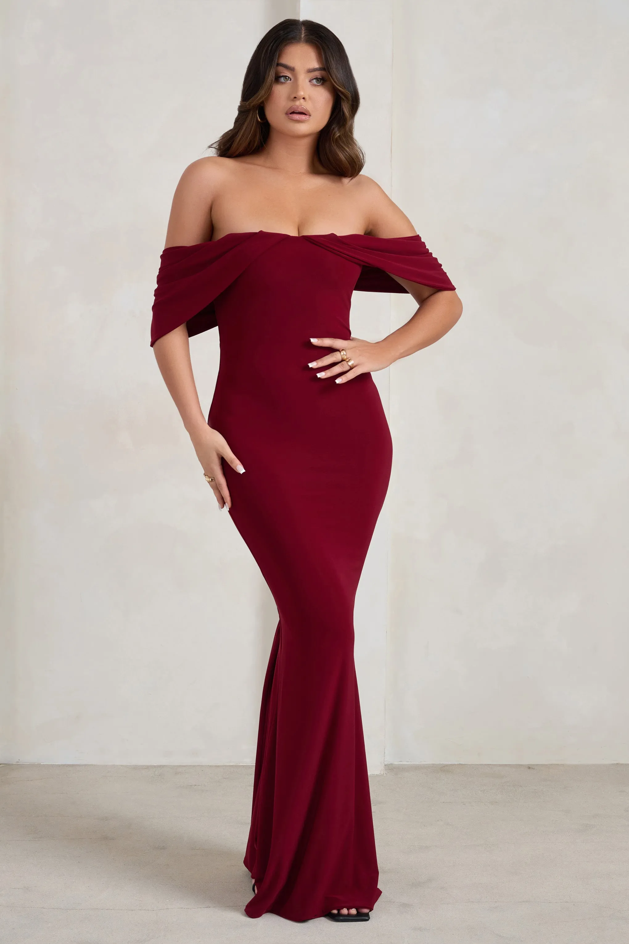 Gabrielle | Berry Red Bardot Neckline With Drape Sleeves Maxi Dress