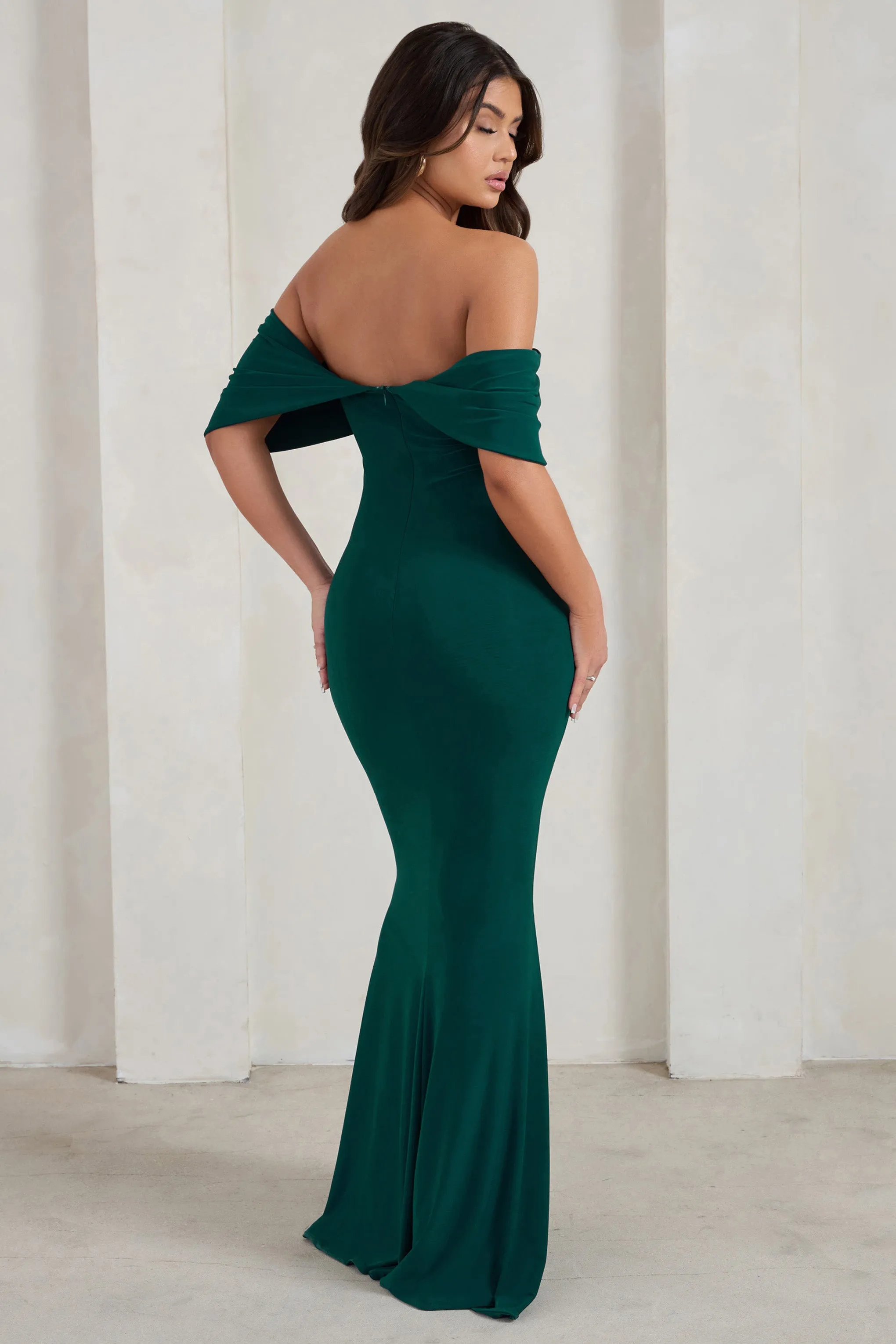 Gabrielle | Green Bardot Neckline With Drape Sleeves Maxi Dress