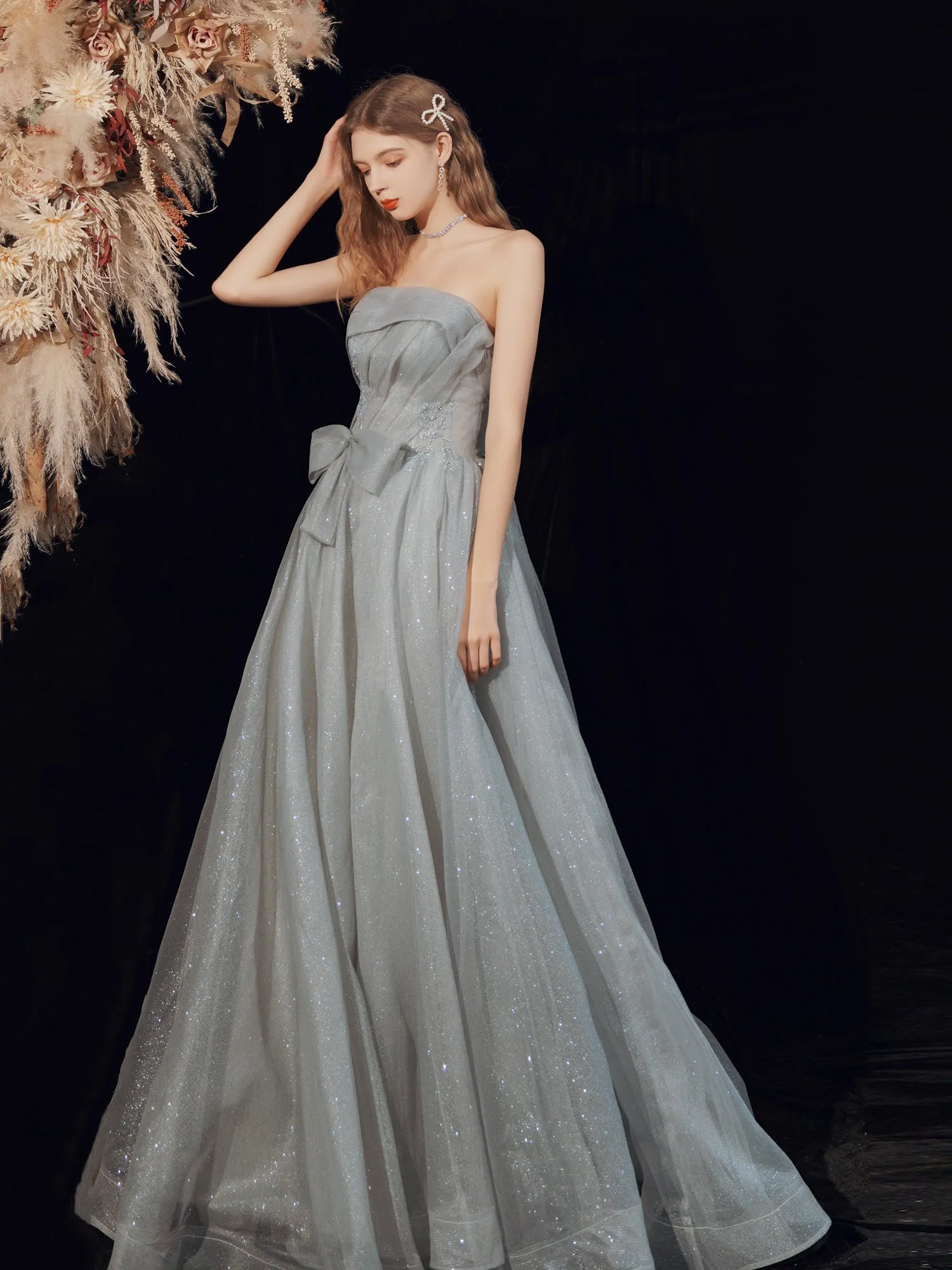 Glitter Strapless Gray Long Prom Dress